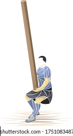 Vector illustration of a man performing traditional log throwing in stylized athletic pose, with abstract anatomical shapes and dynamic squat position on white background.