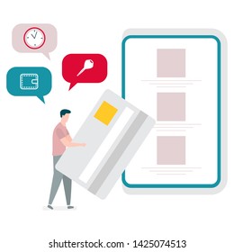 Vector illustration with man performs banking transactions using a smartphone. Electronic, digital technology. Design for web page, banner, presentation, print. Flat style.