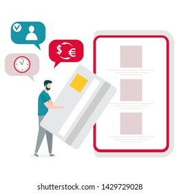 Vector illustration with man performs banking transactions using a smartphone. Electronic, digital technology. Design for web page, banner, presentation, print. Flat style.
