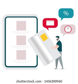 Vector illustration with man performs banking transactions using a smartphone. Electronic, digital technology. Design for web page, banner, presentation, print. Flat style.