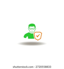 Ilustración vectorial de hombre persona y escudo con marca de verificación. Símbolo de corredor de seguros.