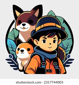 vector illustration of man and pets cartoon