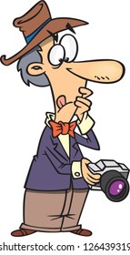 Vector illustration of man photographer looking at his picture on camera
