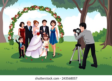 A vector illustration of  man photographing a family in a wedding