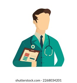 Vector illustration man physician holding clipboard wearing blue coat with stethoscope. Medicine healthcare medical education concept