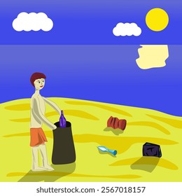 Vector illustration of a man picking up trash on a sandy beach. Young activist picking up trash. Sky, sea, sun, sandy beach, environment, ecology, earth protection.