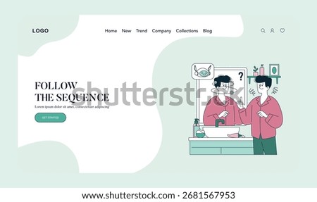 Vector illustration of a man in a pink robe contemplating his reflection in a bathroom mirror. The scene conveys curiosity and introspection, with a question mark indicating confusion.