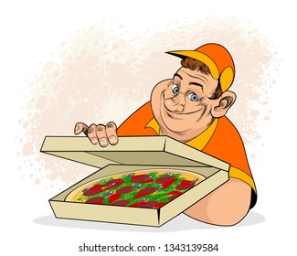 Vector illustration of a man and pizza in box