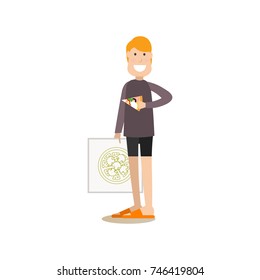 Vector illustration of man with pizza box in one hand and slice of pizza in the other. Takeaway food concept. Food people flat style design element, icon isolated on white background.
