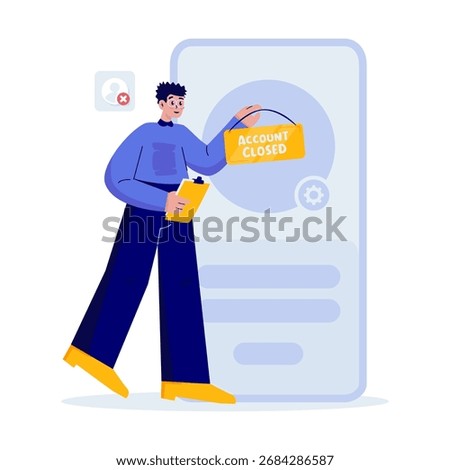Vector illustration of a man placing account closed sign on smartphone screen. Representing account termination, user deactivation, membership cancellation, private or banned user.