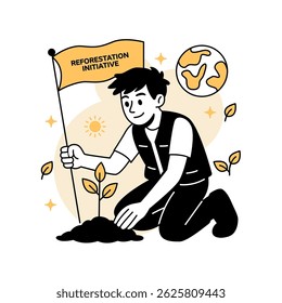 Ilustración vectorial de un hombre plantando un retoño bajo una bandera de la Reforestation Initiative, promoviendo el desarrollo ecológico y el crecimiento económico sostenible a través de la restauración de los recursos naturales.