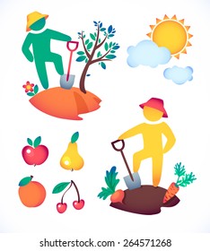 vector illustration man planting a tree and admire the sun.  gardener and his garden under the hot sun 