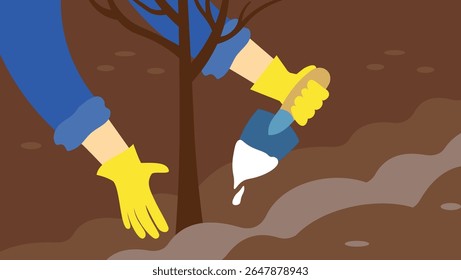 Vector illustration of a man planting a tree with a brush in the ground