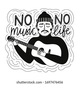 Vector illustration with man playing acoustic guitar. No music, no life lettering phrase. Inspirational musical typography poster with quote