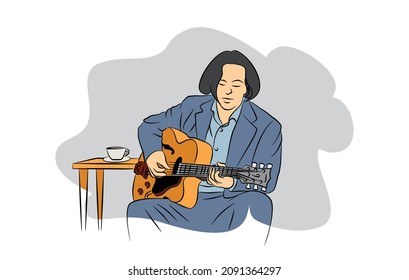 vector illustration of a man playing an acoustic guitar while enjoying coffee 