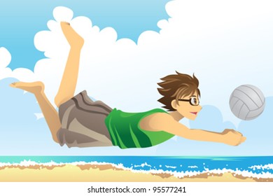 A vector illustration of a man playing beach volleyball