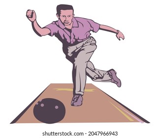 Vector illustration of man playing bowling on vintage style