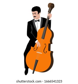 Vector Illustration of man playing the contrabass in the style of the 1920s. Handsome young european jazz musician dressed in an elegant tuxedo. Character in flat style, isolated on a white background