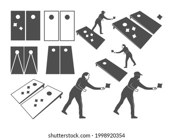 Vector illustration of a man playing cornhole game, Cornhole board with sack.