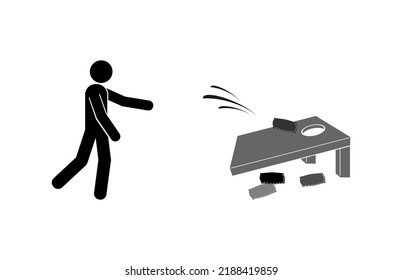 Vector illustration of a man playing cornhole game on white background.