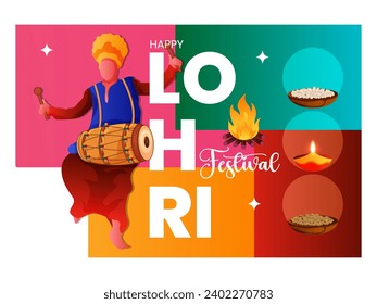 Vector illustration of Man Playing Dhol on Happy Lohri and Baishakhi Holiday for Punjabi festival, Abstract Background