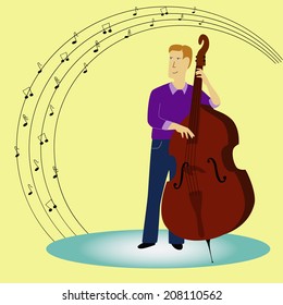 vector illustration of man playing double bass on a background of notes