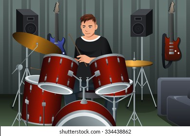 A vector illustration of man playing drum in studio