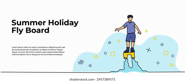 Vector illustration of  a man playing a flyboard. Modern flat in continuous line style.