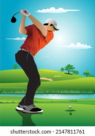 vector illustration man man playing golf golf course surrounded by beautiful mountains