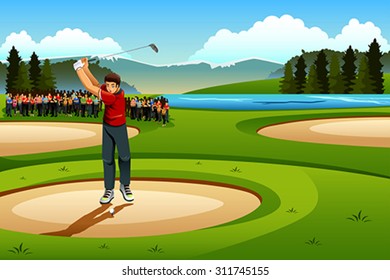 A vector illustration of man playing golf in the competition for sport competition series