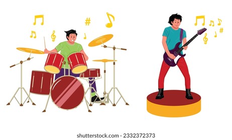 vector illustration of a man playing guitar and drums with floating melodic notation and full color