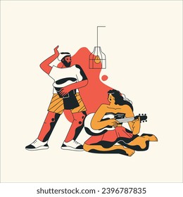 Vector illustration of a man playing guitar and singing to his girlfriend.