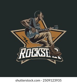 Vector Illustration of Man Playing Guitar with Vintage Illustration Available for Tshirt Design
