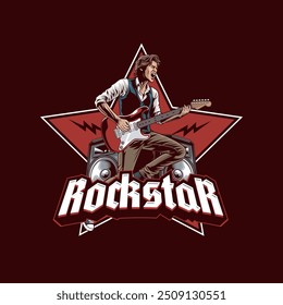 Vector Illustration of Man Playing Guitar with Active Speaker in Vintage Illustration Available for Tshirt Design