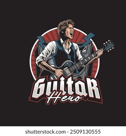 Vector Illustration of Man Playing Guitar with Active Speaker in Vintage Illustration Available for Tshirt Design