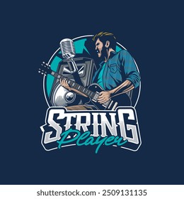 Vector Illustration of Man Playing Guitar with Active Speaker and Microphone in Vintage Illustration Available for Tshirt Design