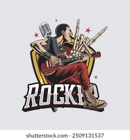 Vector Illustration of Man Playing Guitar with Hand Bones and Microphone in Vintage Illustration Available for Tshirt Design