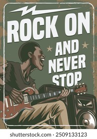 Ilustração vetorial de homem tocando guitarra com alto-falantes ativos na ilustração vintage disponível para cartaz