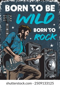 Vector Illustration of Man Playing Guitar with Active Speakers in Vintage Illustration Available for Poster