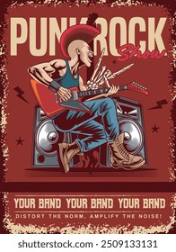 Vector Illustration of Man Playing Guitar with Active Speakers in Vintage Illustration Available for Poster