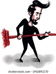 vector illustration with man playing on mop like a guitar