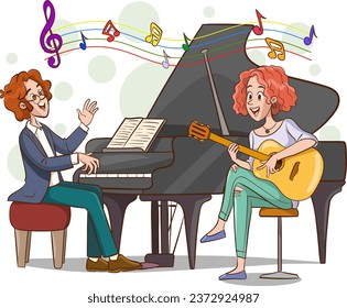 ilustración vectorial del hombre tocando el piano y la mujer tocando la guitarra