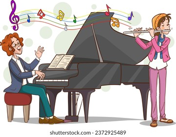 vector illustration of man playing piano and woman playing flute