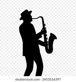 Ilustración vectorial del hombre que juega la silueta del saxofón en el fondo transparente