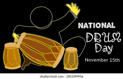 Vector illustration, of a man playing a traditional drum, as a banner or poster on national drummer day and National Hug a drummer day