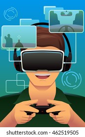 A vector illustration of man playing with virtual reality headset