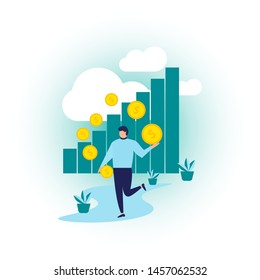 vector illustration, a man plays with dollar coins, infographics, web landing page, print