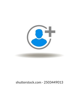 Ilustración vectorial del hombre y signo más. Icono de referir a un amigo. Símbolo del usuario add. Signo de referir y ganar.