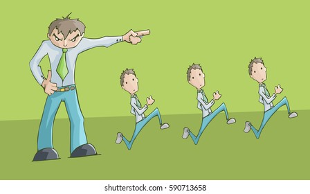Vector illustration of a man pointing and 3 employees running.