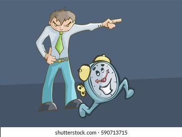 Vector illustration of a man pointing and a happy clock running.